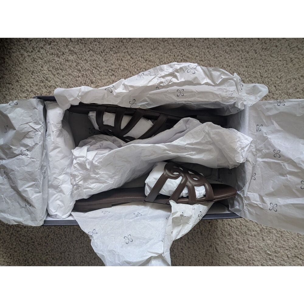 NIB Maeve Anthropologie Logo Dark Brown Leather Slide Sandals Sz 9 - Picture 9 of 10